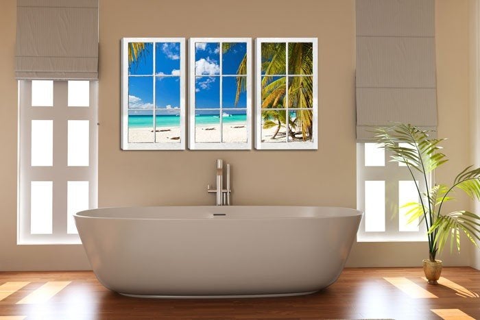 Nieuw * 3 Luik van Canvas * Palmboom Paradijs Ramen 90x160cm, Ophalen of Verzenden, Nieuw, 125 cm of meer, Schilderij
