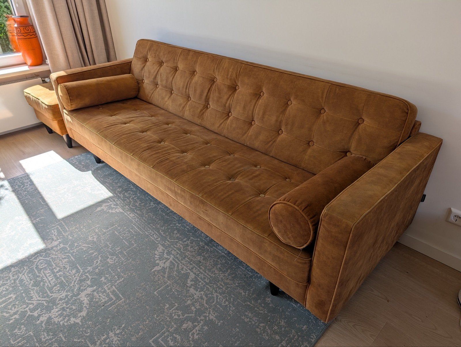 Trendhopper 3 zits bank goud/geel + hocker, Ophalen, Gebruikt, Driepersoons, 75 tot 100 cm