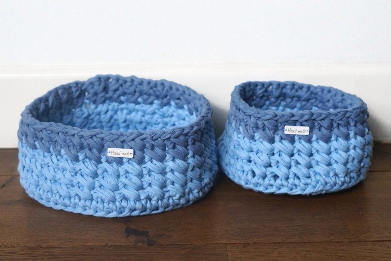 Setje van twee blauwe mandjes, babykamer, badkamer, Mand, Textiel, Rond, Nieuw