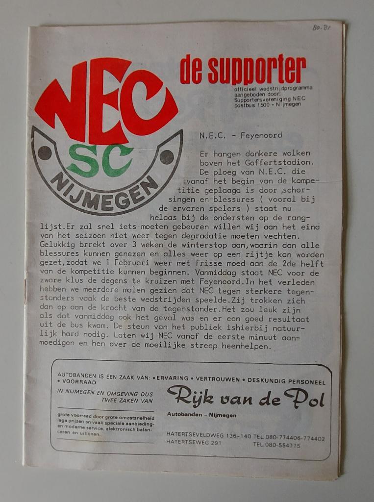 Programma-boekje NEC Nijmegen - Feyenoord 1980-81, Verzenden, Gebruikt, Feyenoord, Boek of Tijdschrift