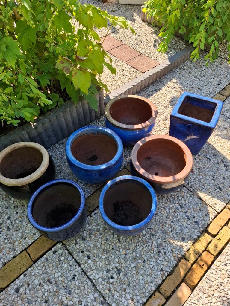 Zeven Geglazuurde Bloempotten., Tuin en Terras, Rond, Ophalen of Verzenden, Zo goed als nieuw, Aardewerk