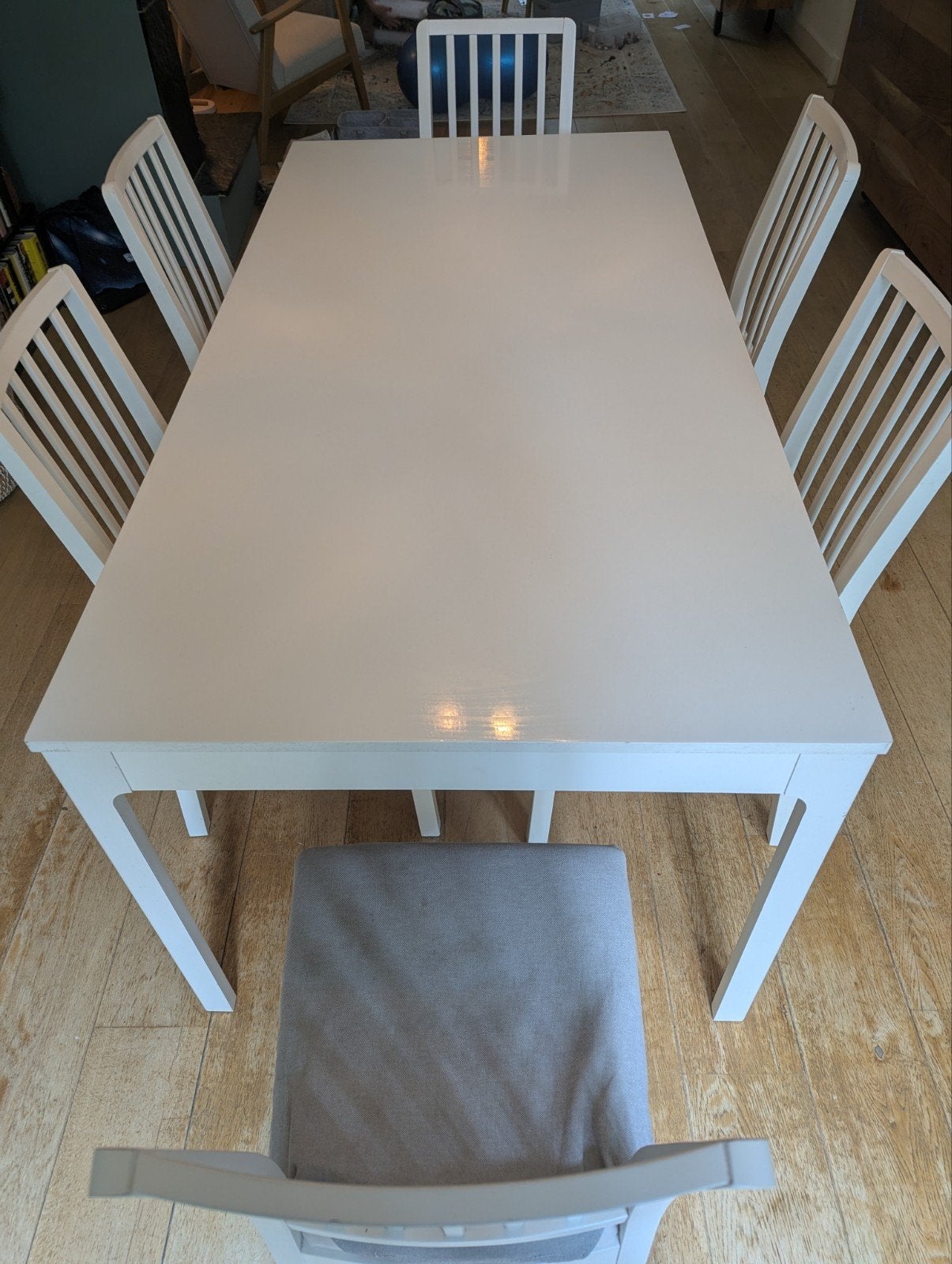 Witte Ikea eettafel inclusief  6 stoelen - uitschuifbaar, Ophalen, Gebruikt, 200 cm of meer, 50 tot 100 cm