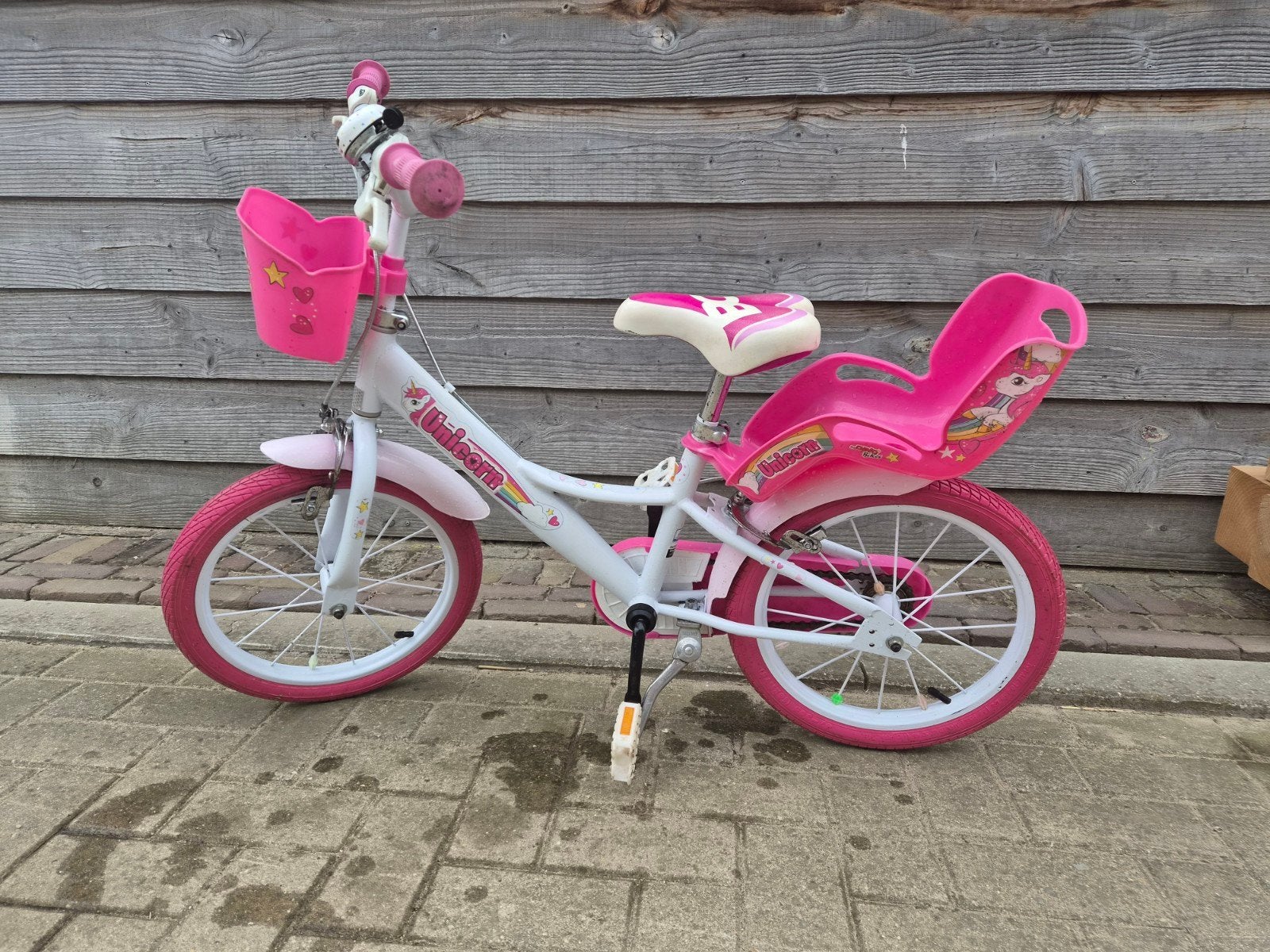 Roze Unicorn Kinderfiets 16 inch met zitje en mandje, Ophalen