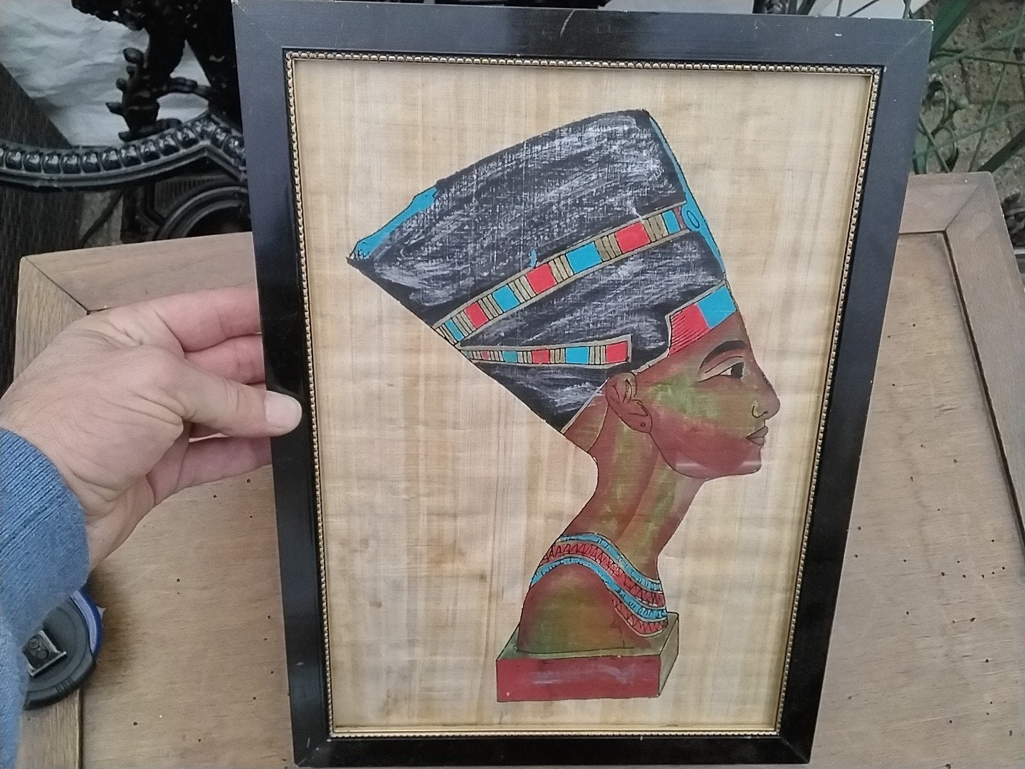 Ingelijste Nefertiti papyrus schildering (38x28,5 cm), Ophalen of Verzenden