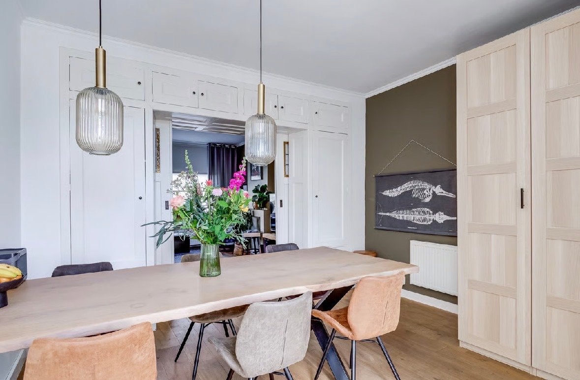 Eikenhouten eettafel (220x90) met stalen poten, Ophalen, Eikenhout, 200 cm of meer, 50 tot 100 cm