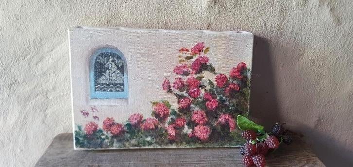 miniatuur schilderwerkje oude franse muur met klimrozen, Ophalen of Verzenden