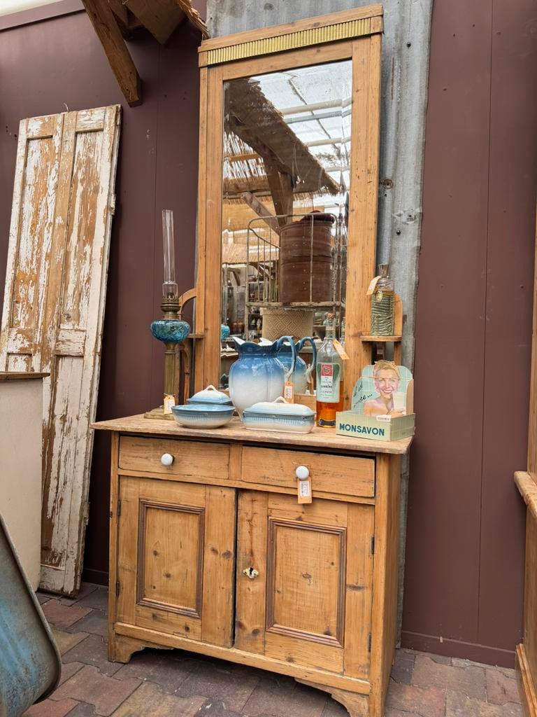 Kap/toilettafel, facet spiegel, oud geloogd grenen, 2 delig, Ophalen