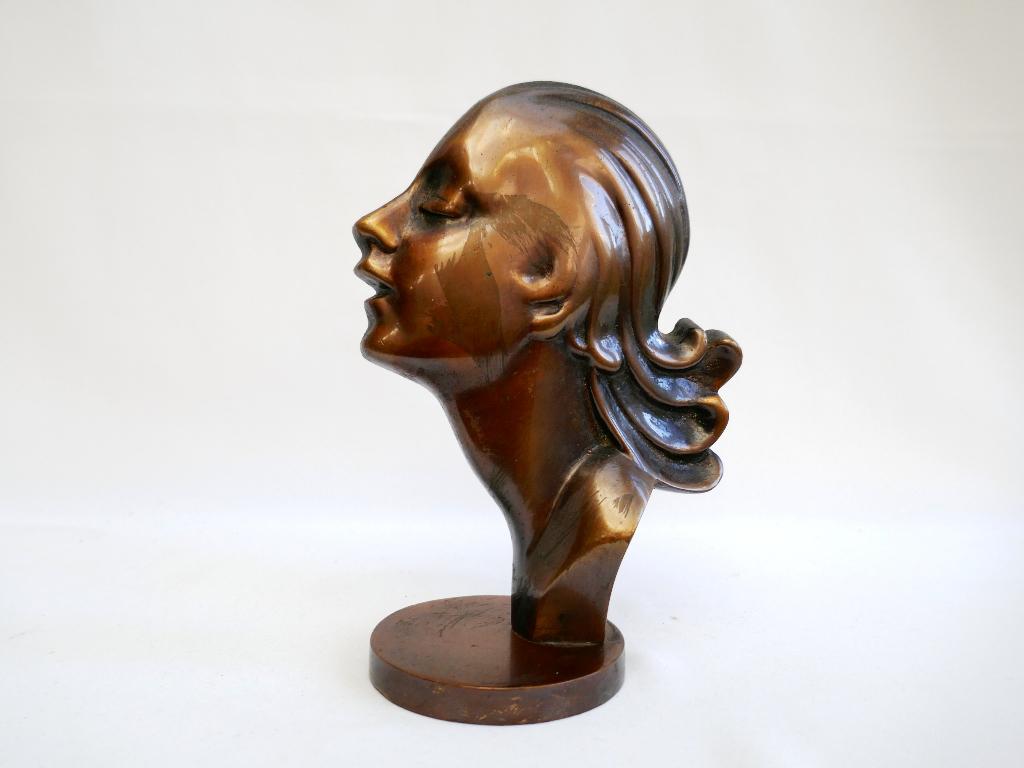 Art Deco - beeldje - metaal vrouwen hoofd, Minder dan 20 cm, Art deco, Ophalen of Verzenden, Beeld