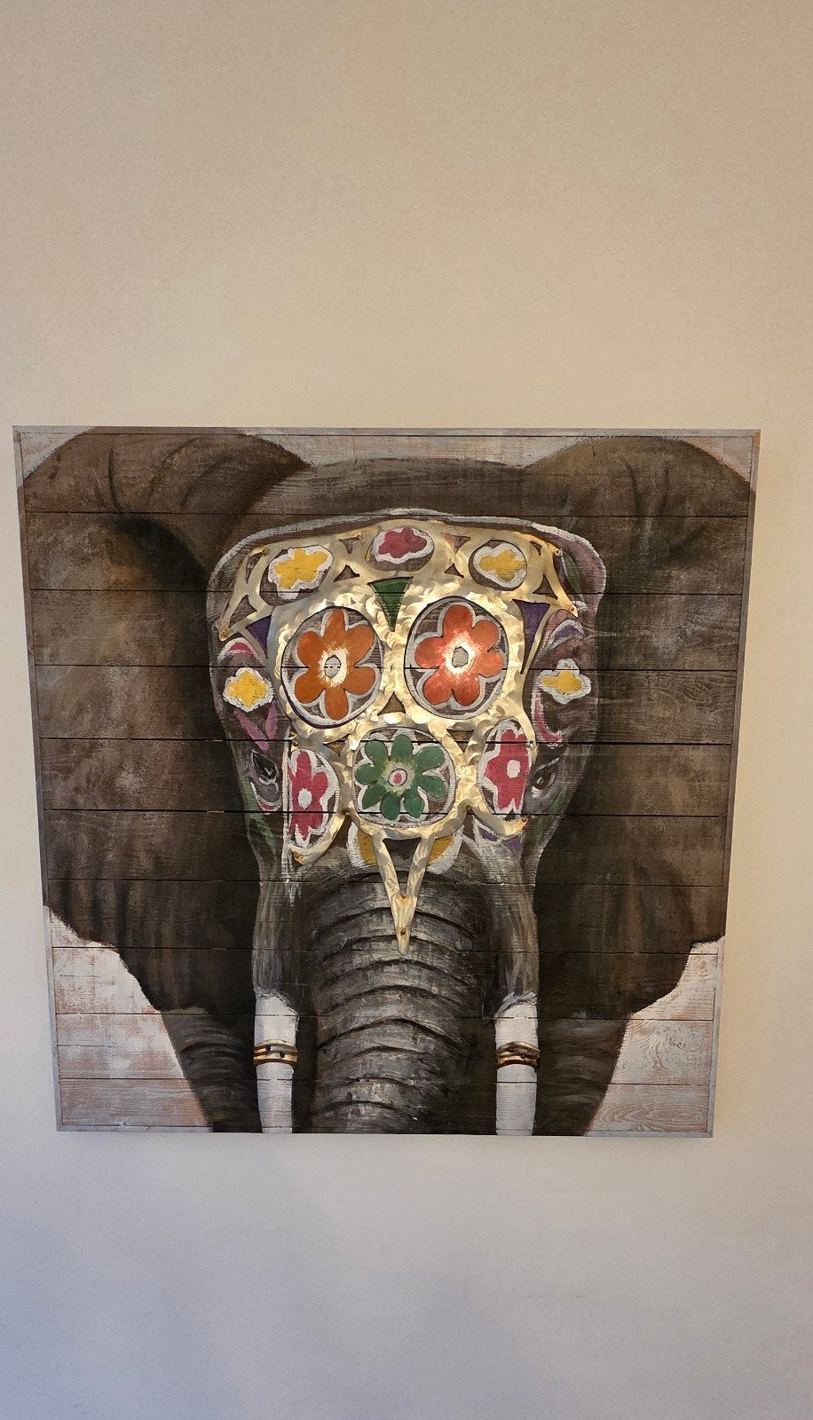 Schilderij olifant op steigerhout 100x100 cm, Huis en Inrichting, Ophalen, Zo goed als nieuw, Schilderij