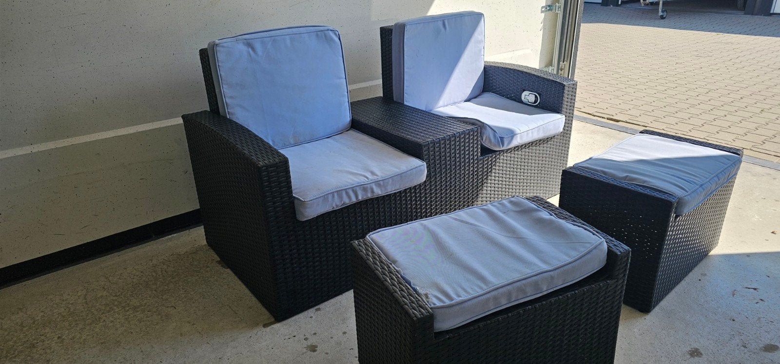 Wicker Loungeset met 2 Stoelen en 2 Hockers - Zwart/Grijs, Tuin en Terras, Tuinsets en Loungesets, Gebruikt, Stoel, Loungeset