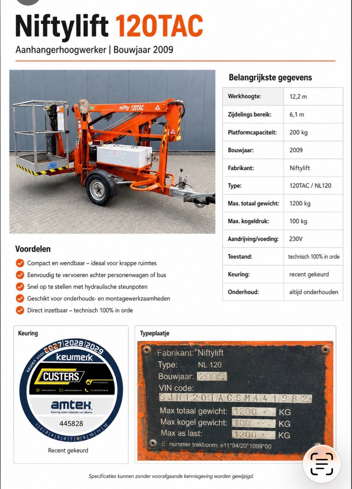Niftylift 120TAC Hoogwerker 12,2m - 2009 - Recent gekeurd, Ophalen of Verzenden