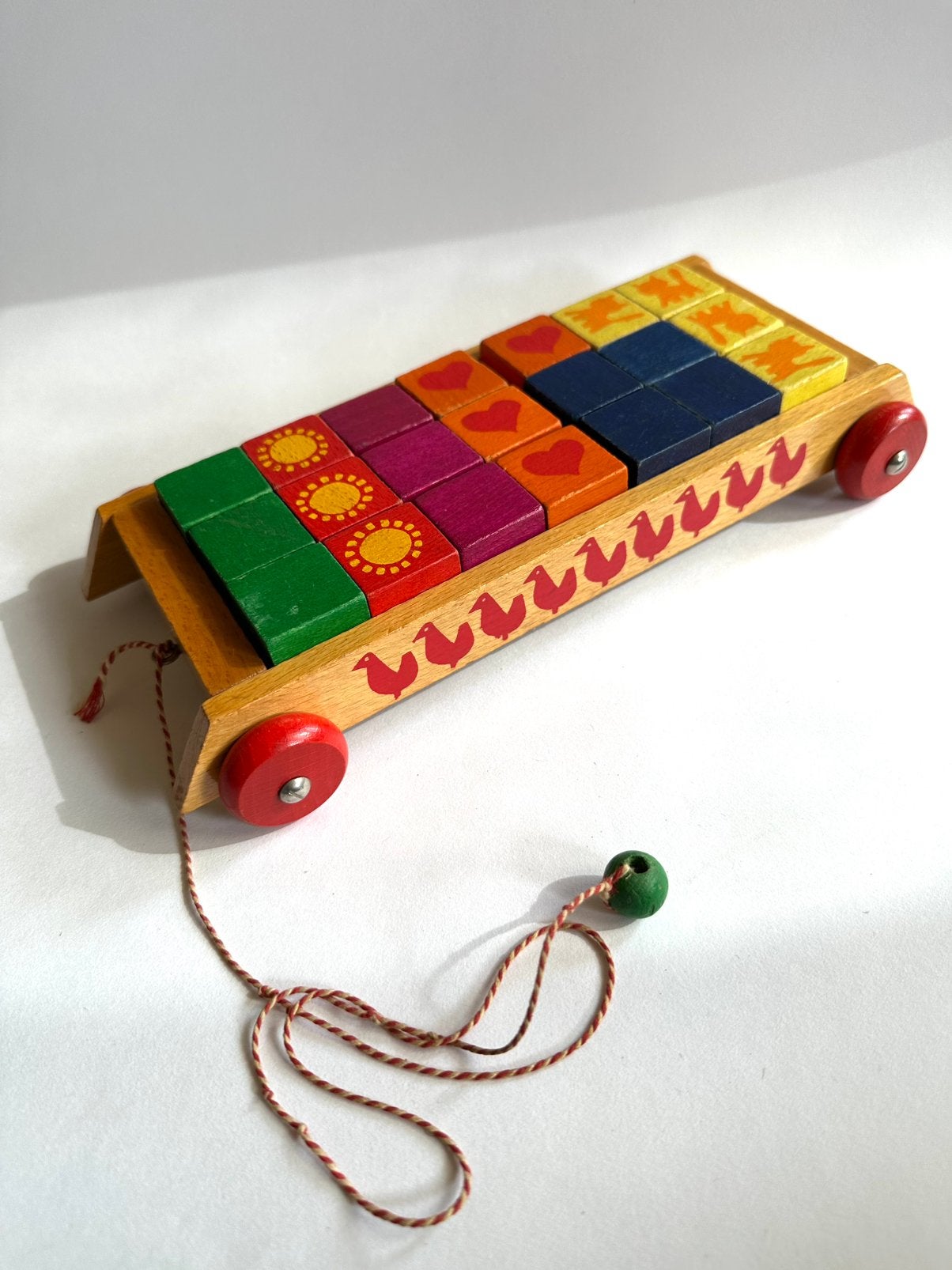 Vintage houten speelgoed blokkenwagen - SIO - 1971, Verzenden, Gebruikt, Duw- of Trekspeelgoed