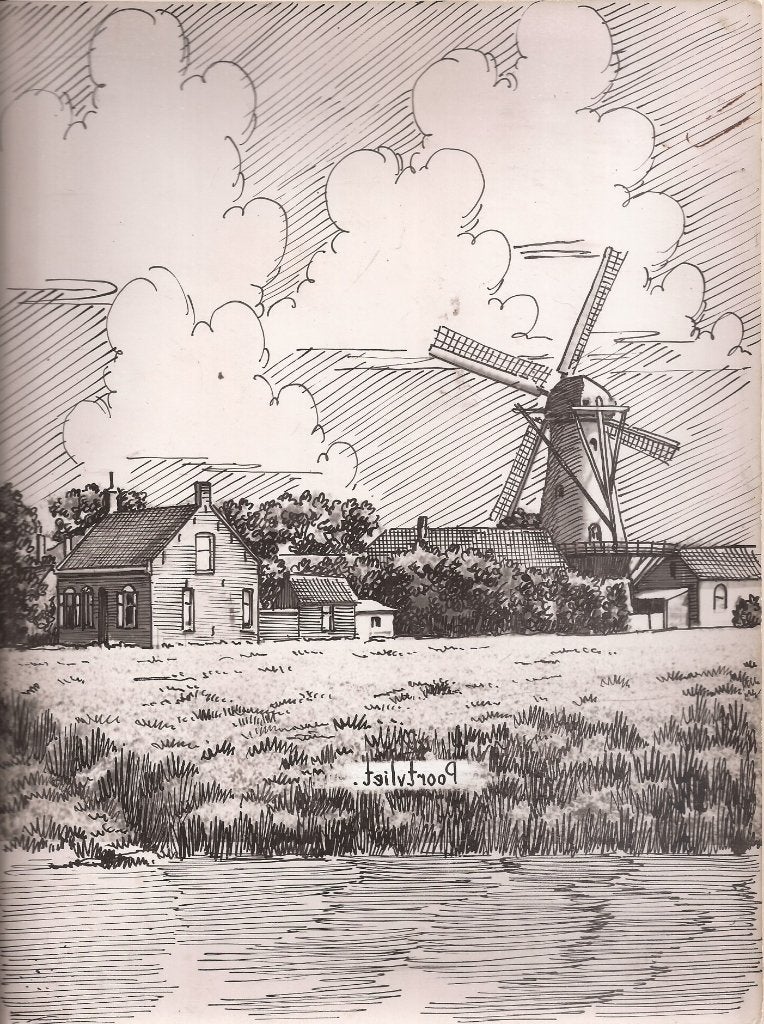 Poortvliet Dorpsgezicht met molen tekening Sievers ca.1948, Ophalen of Verzenden, Tekening, Pentekening, Origineel