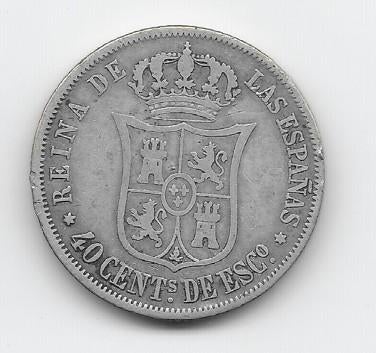 Spanje 40 centimos de escudo 1867 KM# 628.2, Verzenden, Overige landen, Losse munt, Zilver