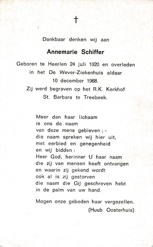 Schiffer Annemarie 1920 Heerlen 1968, Verzamelen, Ophalen, Bidprentje
