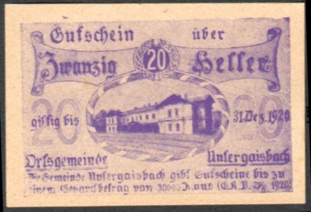 Noodgeld - Untergeisbach - 20 Heller - 1920., Ophalen of Verzenden, Oostenrijk, Los biljet