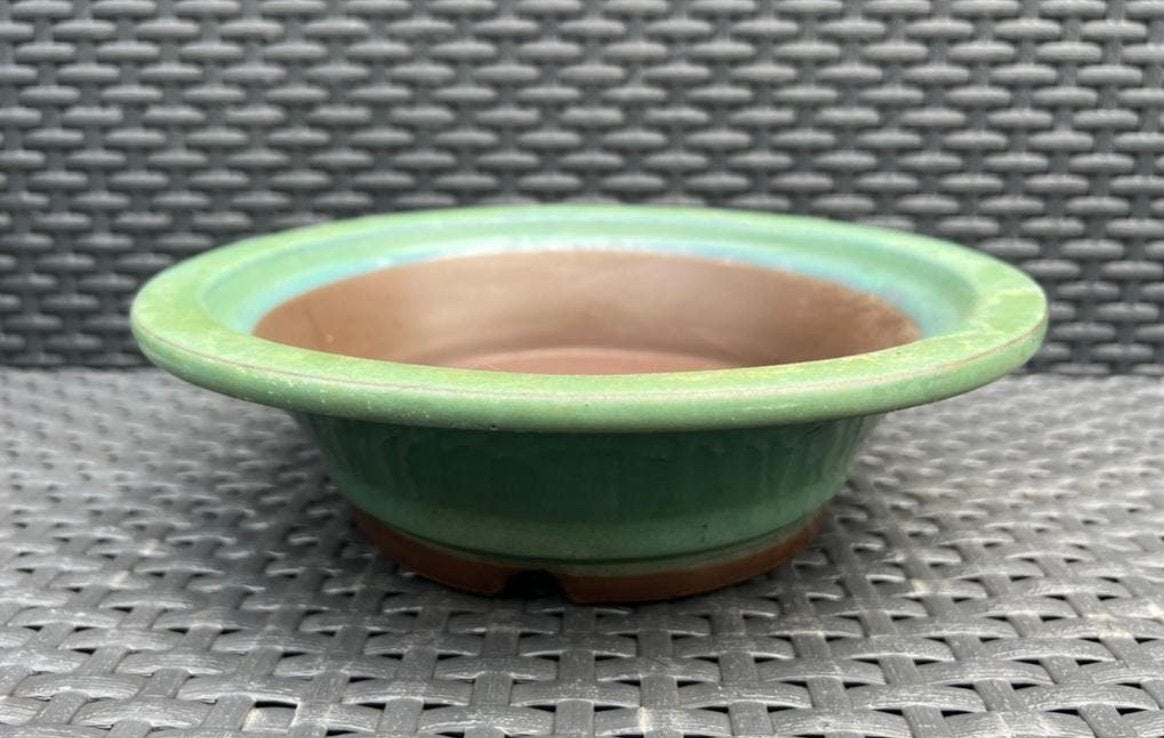 Bonsai schaal rond groen geglazuurd Japans aardewerk 24,4x72, Ophalen of Verzenden, Zo goed als nieuw, Rond, Aardewerk