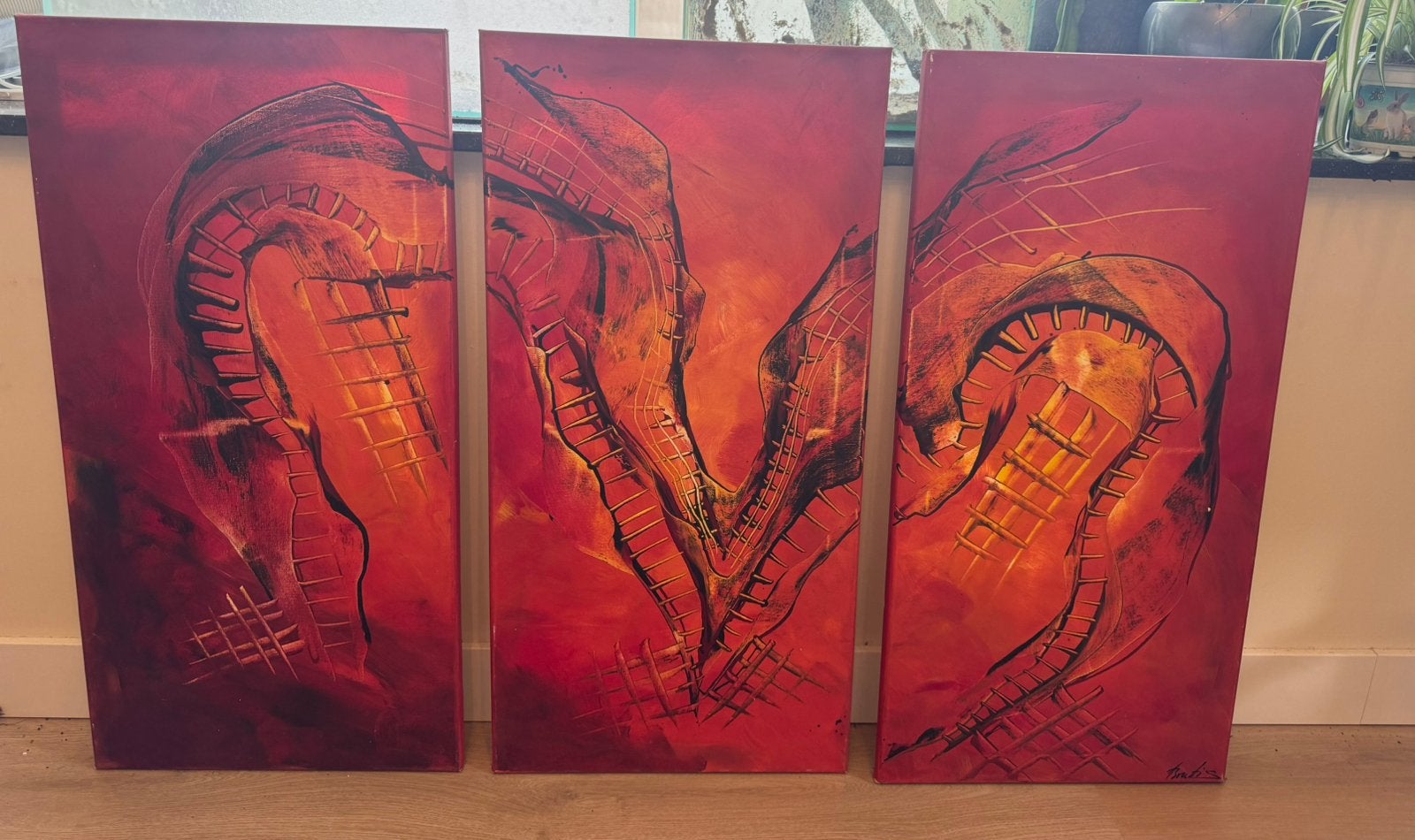 Abstracte Rode Canvas Schilderijen - Set van 3, Ophalen