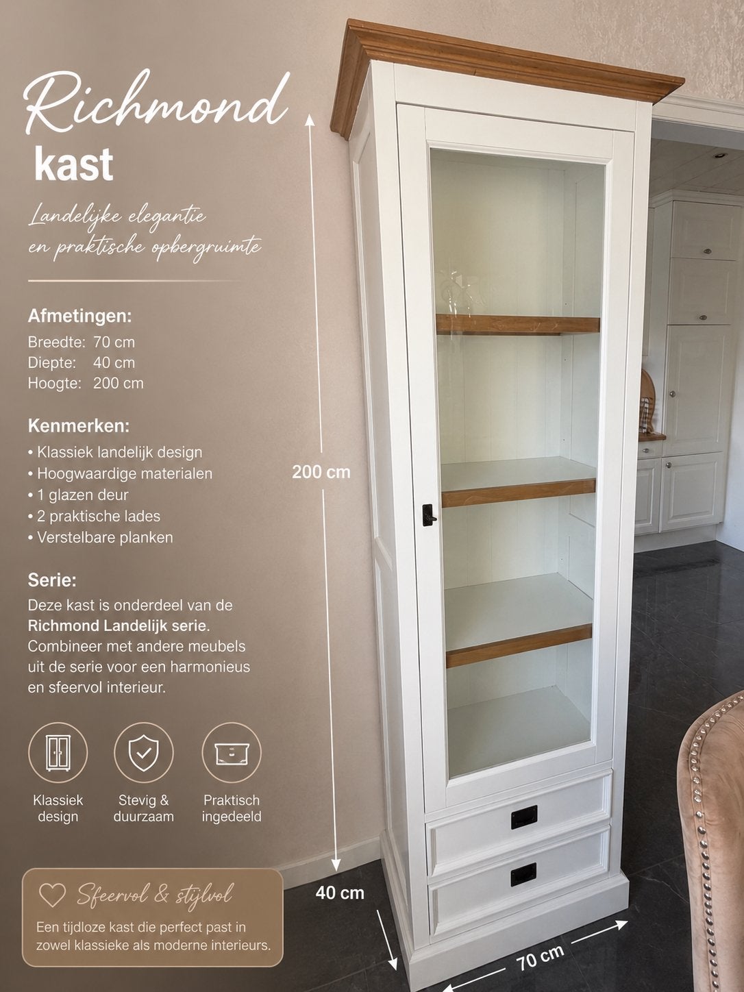 Richmond Interiors vitrinekast – landelijk wit/hout – 200 cm, Ophalen, Met deur(en), 200 cm of meer, 50 tot 100 cm