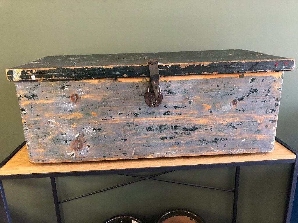 Oude Brocante Houten Kist Groen/Zwart, Ophalen