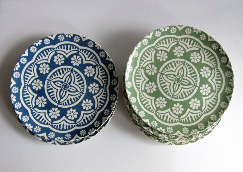 6 platte borden van 27 cm / Xenos Puablo / 2 blauw, 4 groen, Huis en Inrichting, Overige merken, Ophalen of Verzenden, Zo goed als nieuw