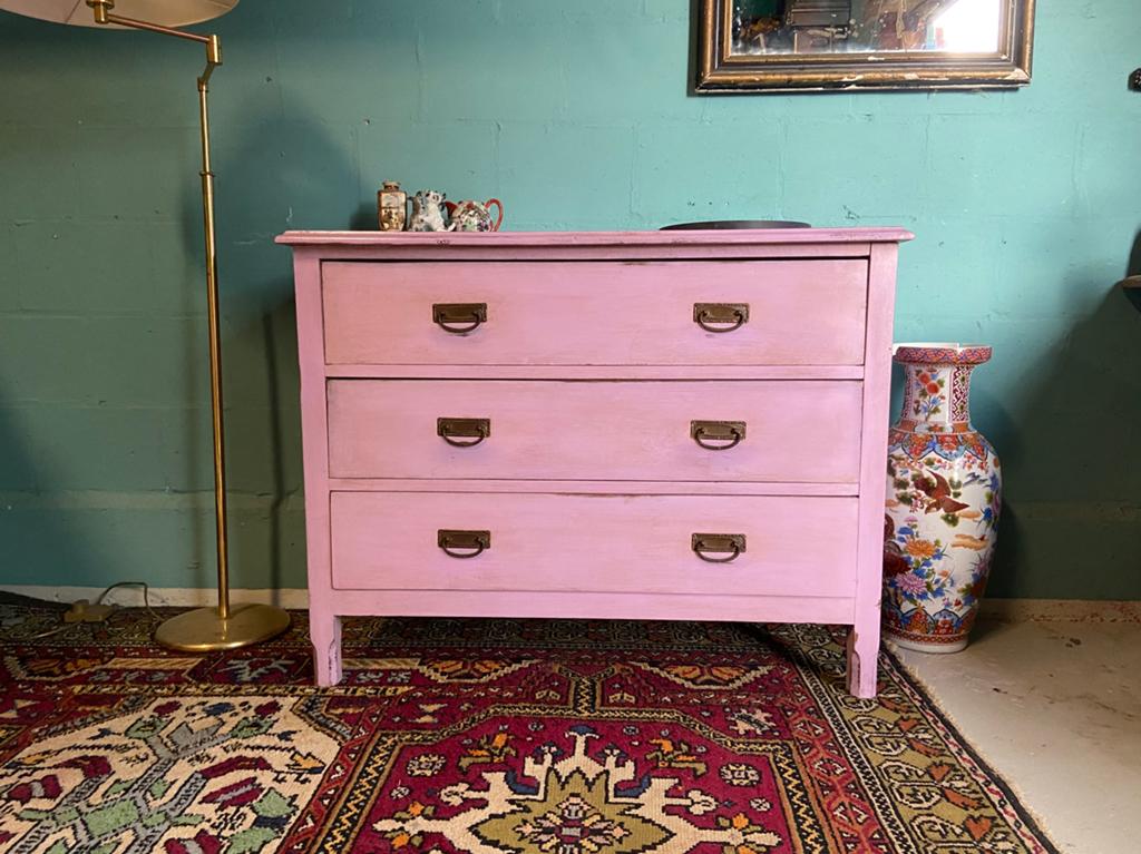 Antiek roze ladekastje / commode eikenhout geschilderd, Ophalen, Gebruikt, 100 cm of meer, Minder dan 50 cm