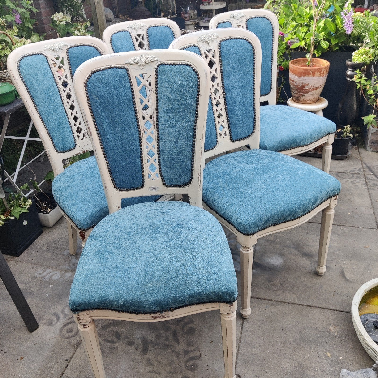 Set van 6 vintage eetkamerstoelen, blauw en wit, Ophalen of Verzenden