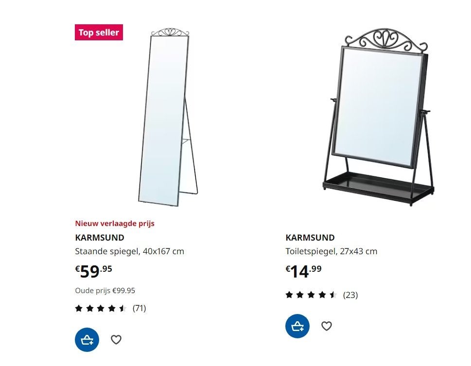 passpiegel en kapspiegel Karmsund, Ophalen, Minder dan 50 cm, Zo goed als nieuw, 150 tot 200 cm