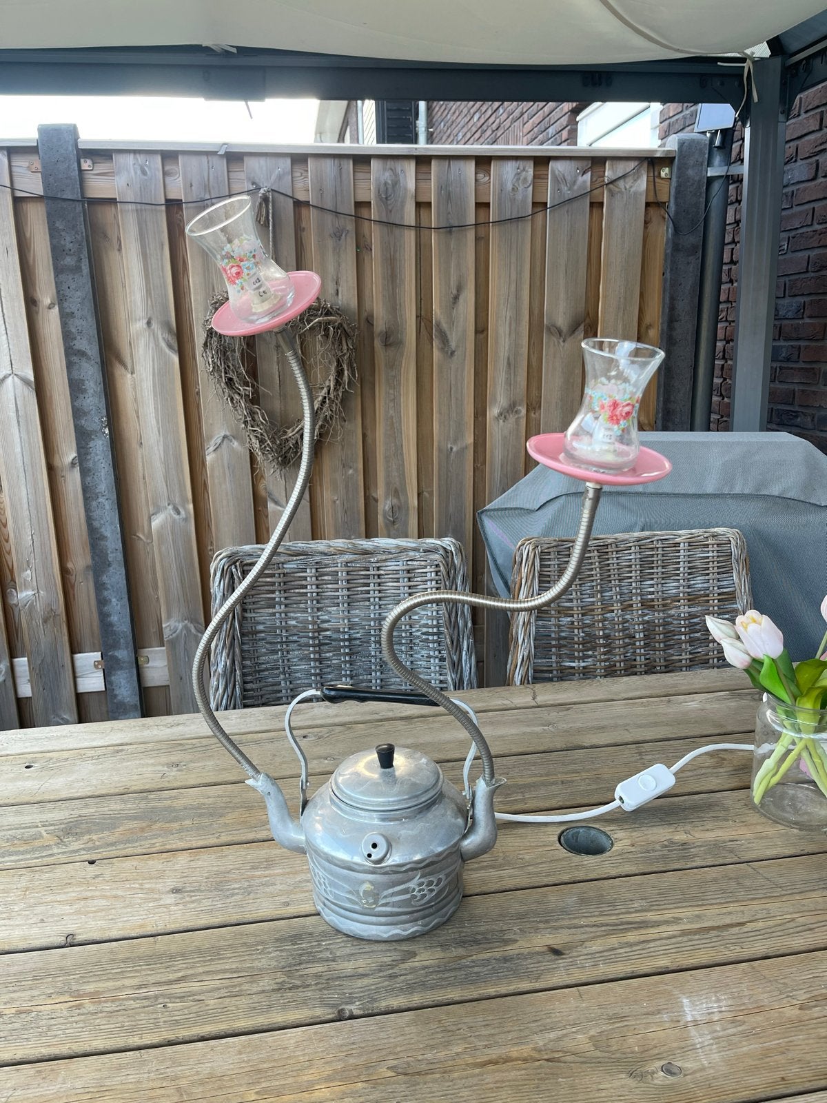 Unieke theepot lamp met theeglas kappen, Overige merken, Gebruikt, Industrieel, Overige fittingen