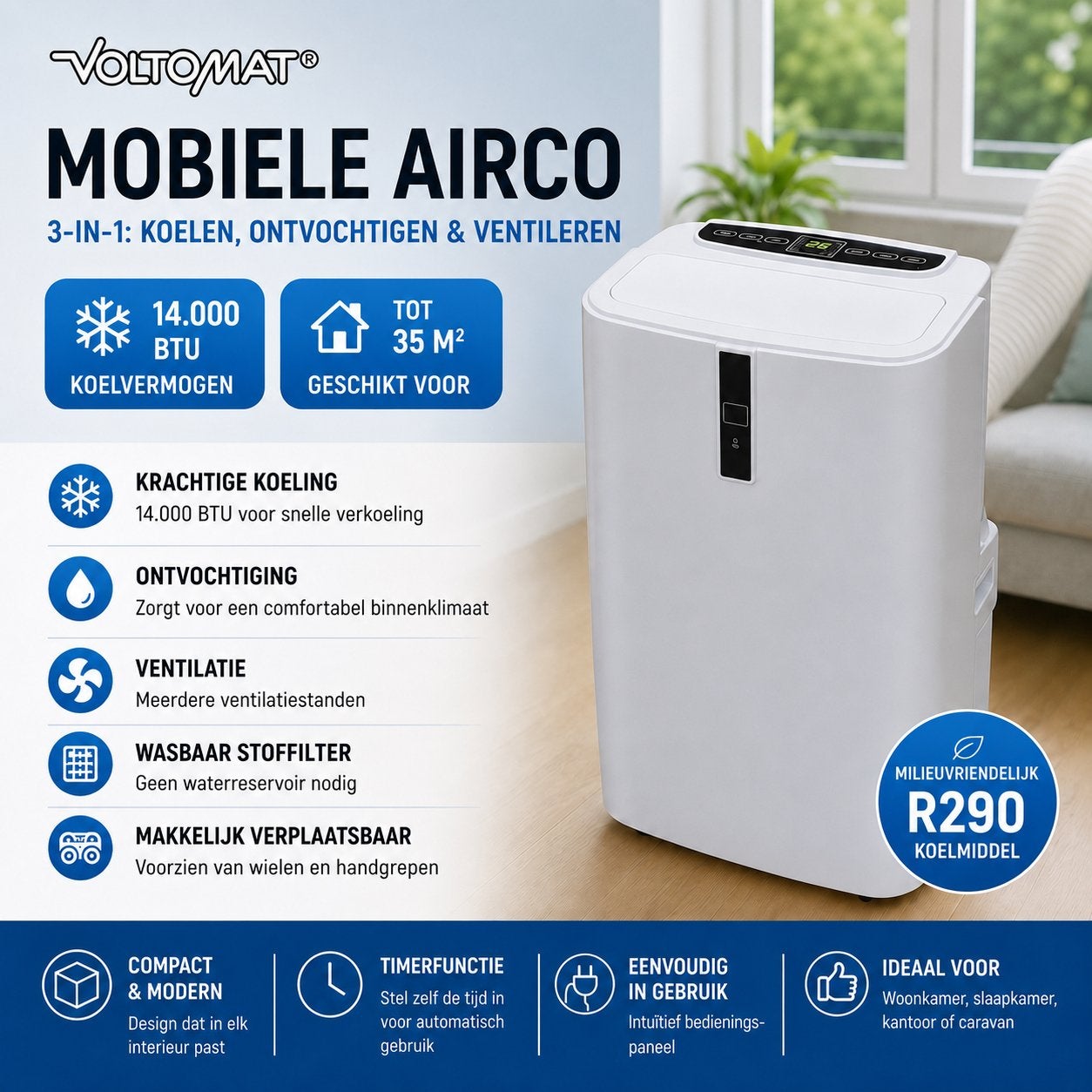 VOLTOMAT Mobiele Airco 14.000 BTU – Nieuw in Doos, Ophalen, Minder dan 60 m³, Nieuw, 3 snelheden of meer