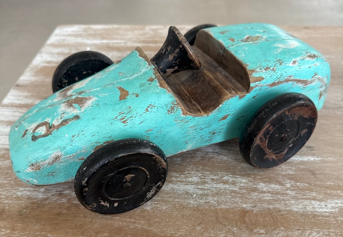 Vintage houten speelgoed auto/ racer - turquoise, Ophalen of Verzenden, Gebruikt, Rij- of Hobbelspeelgoed