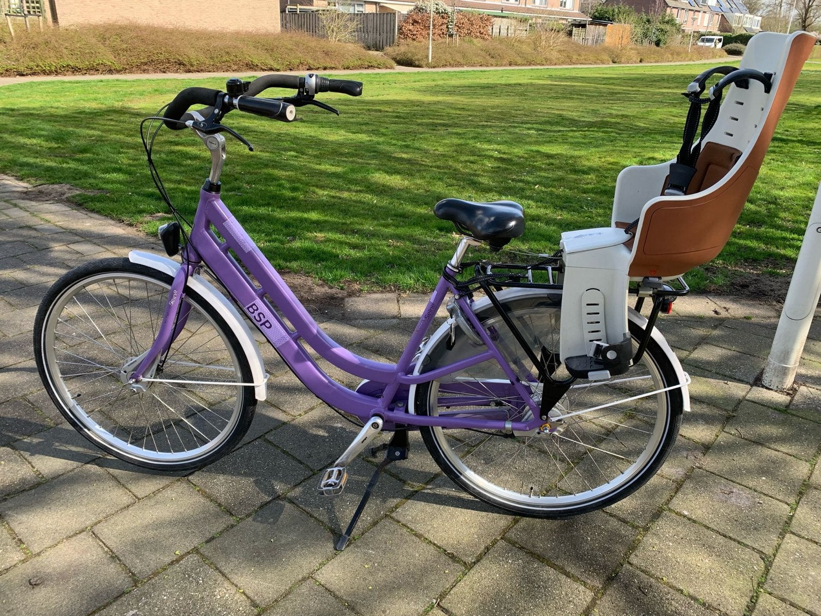 BSP Damesfiets met 7 versnellingen en Bobike kinderzitje, Velgrem, Ophalen, Overige merken, 53 tot 56 cm