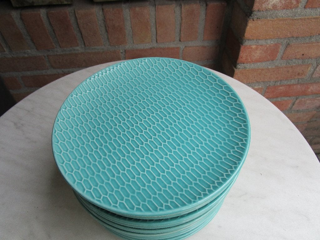 Set van 12 turquoise borden met honingraatpatroon, Huis en Inrichting, Overige merken, Keramiek, Nieuw, Ophalen of Verzenden