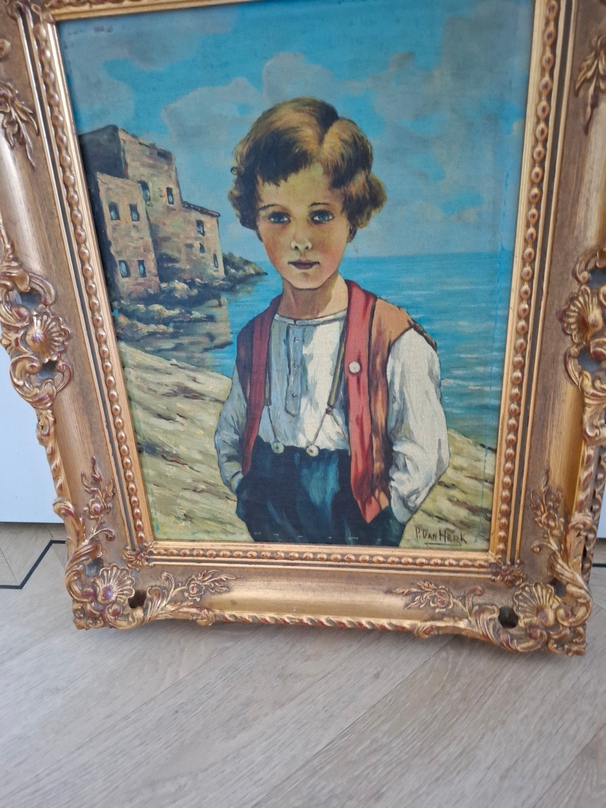 Olieverfschilderij Portret Jongen aan Zee met Gebouw, Doek, Portret of Personen, Realistisch, Ophalen of Verzenden