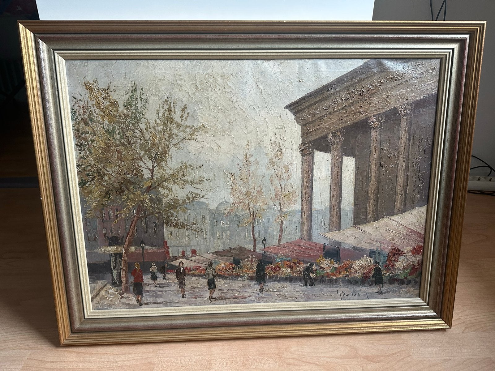Olieverfschilderij G. Kwintenberg - Stadsgezicht met markt, Antiek en Kunst, Ophalen, Doek, Realistisch, Gesigneerd