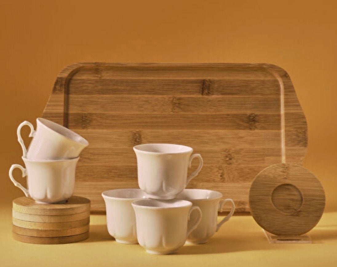 Nieuwe Karaca koffieset met bamboe dienblad - 6 personen, Overige merken, Nieuw, Ophalen of Verzenden, Modern