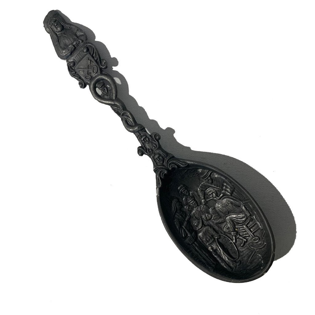 Vintage tinnen LEPEL Jan Steen, 'De tandmeester' 19 cm., Antiek en Kunst, Ophalen of Verzenden