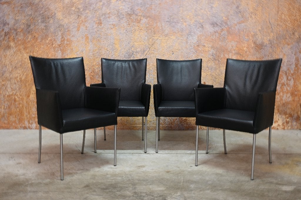 4 zwarte leren Bert Plantagie Arc design eetkamerstoelen, Huis en Inrichting, Stoelen, Zwart, Bert plantagie, Ophalen of Verzenden