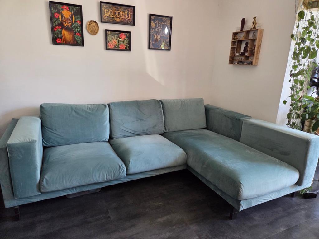 NOCKEBY hoekbank met chaise longue, mintgroen velvet, Ophalen, 250 tot 300 cm, Gebruikt, Hoekbank