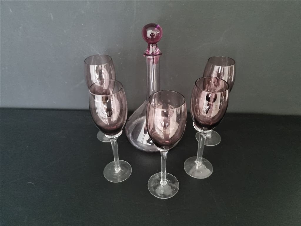 Vintage karaf en 5 wijnglazen set, Huis en Inrichting, Keuken | Servies, Glas of Glazen, Ophalen of Verzenden, Overige stijlen