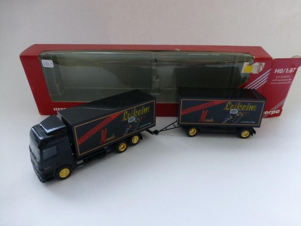 Herpa Mercedes Actros met aanhanger Leikeim bier, Ophalen of Verzenden, Zo goed als nieuw, Bus of Vrachtwagen, Herpa