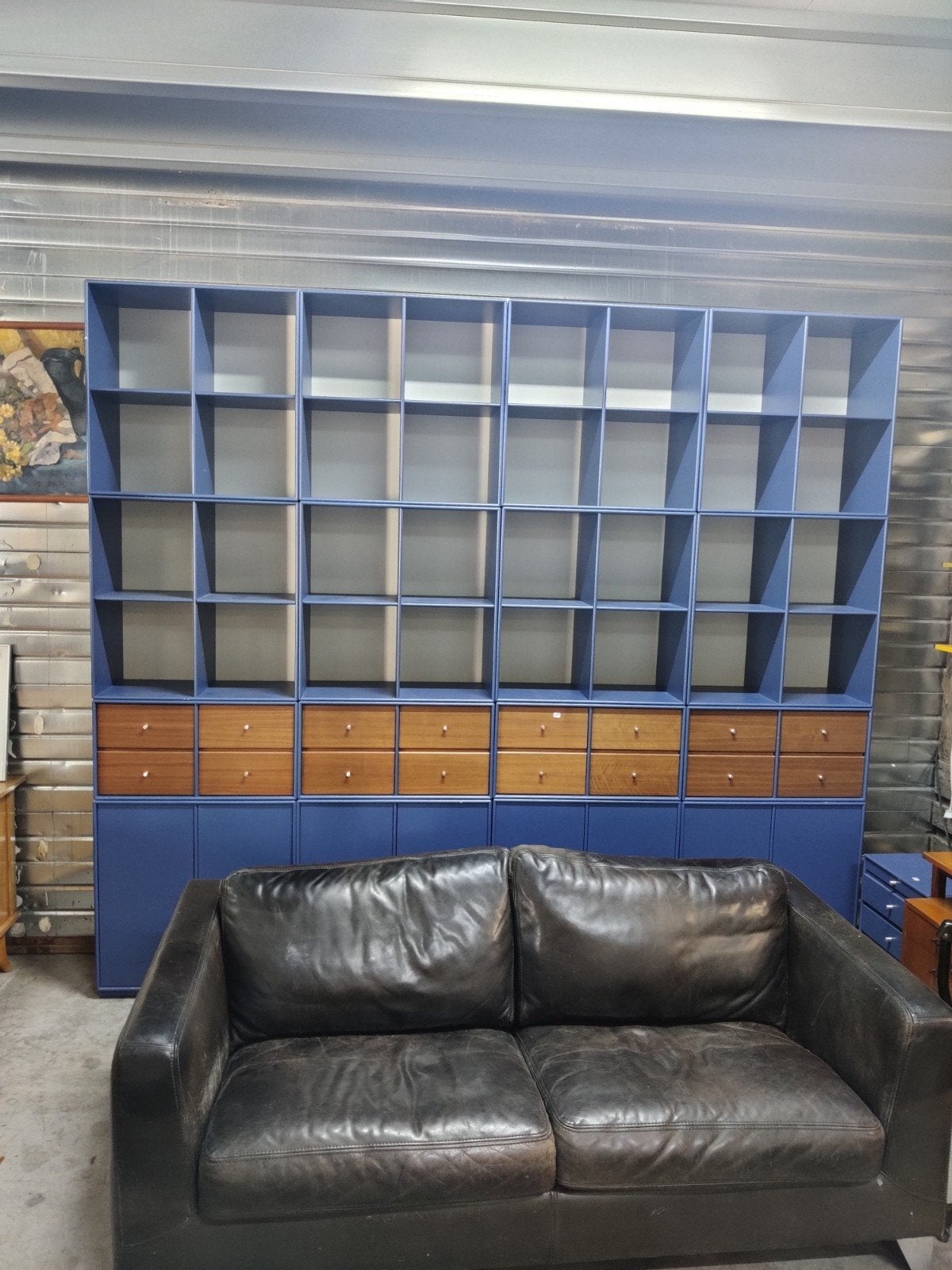 Wandsysteem Peter J Lassen voor Montana - Blauw met hout, Montana Furniture, Gebruikt, Met deur(en), 200 cm of meer