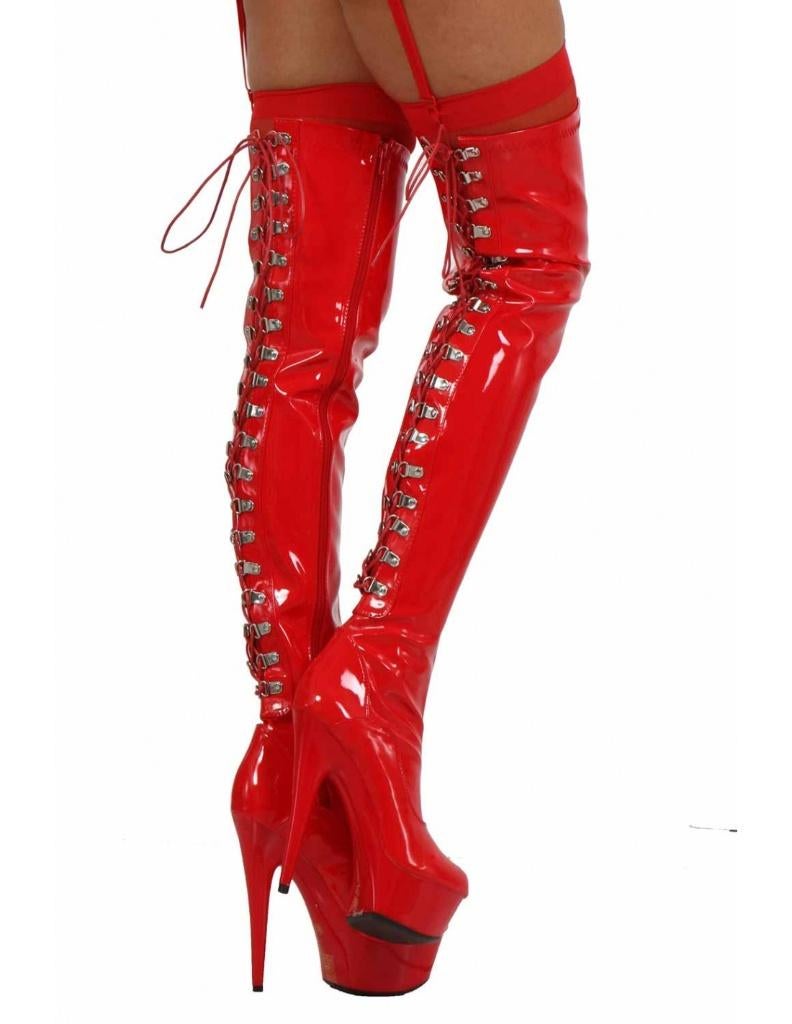 Vinyl Plateau Overknee Laarzen. 14,5 cm hak. Maat 43 en 44., Kleding | Dames, Schoenen, Ophalen of Verzenden, Nieuw, Rood, Hoge laarzen