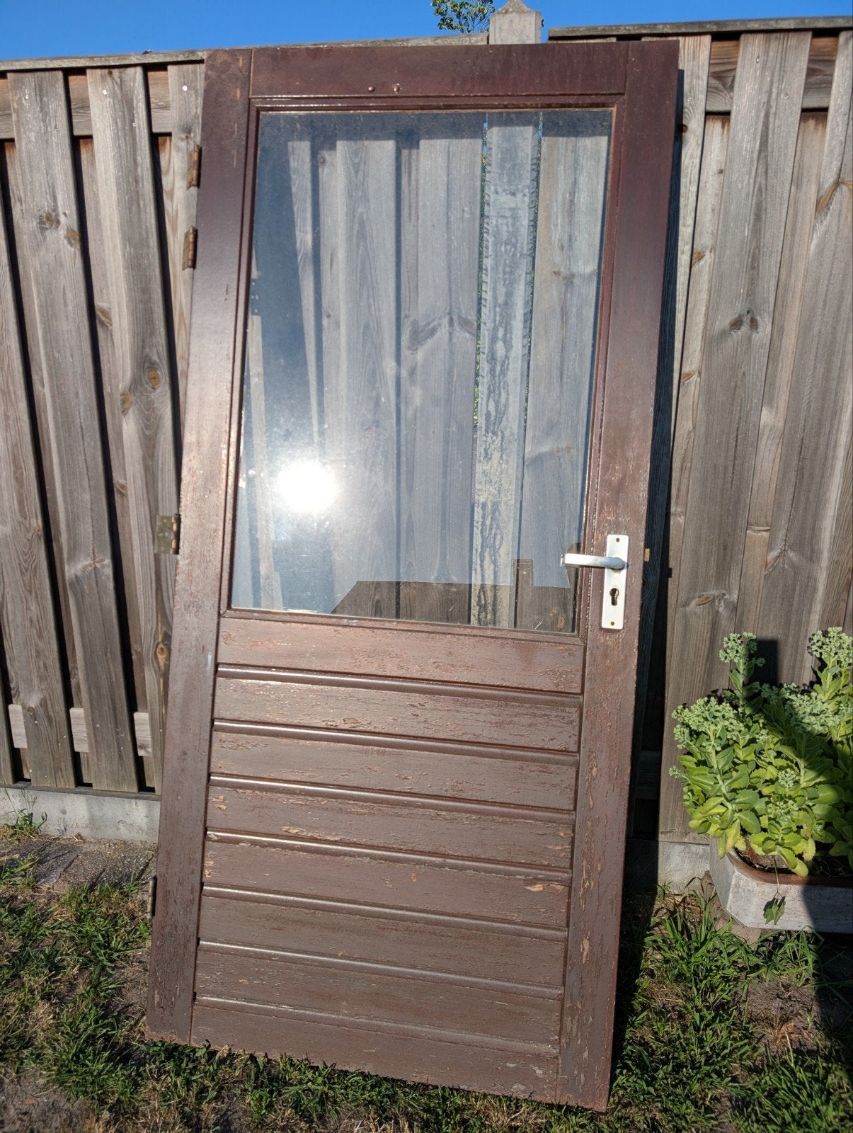 Bruine hardhouten buitendeur met enkel glas, 201x93 cm, Doe-het-zelf en Verbouw, Ophalen, Gebruikt