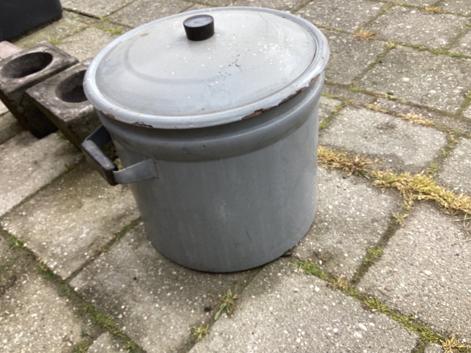 Oude emaille wasoaker met bakkeliet handvaten en knop, Ophalen of Verzenden
