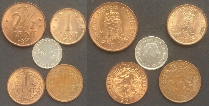 5 munten Nederlandse Antillen, etc, Verzenden, Koningin Juliana
