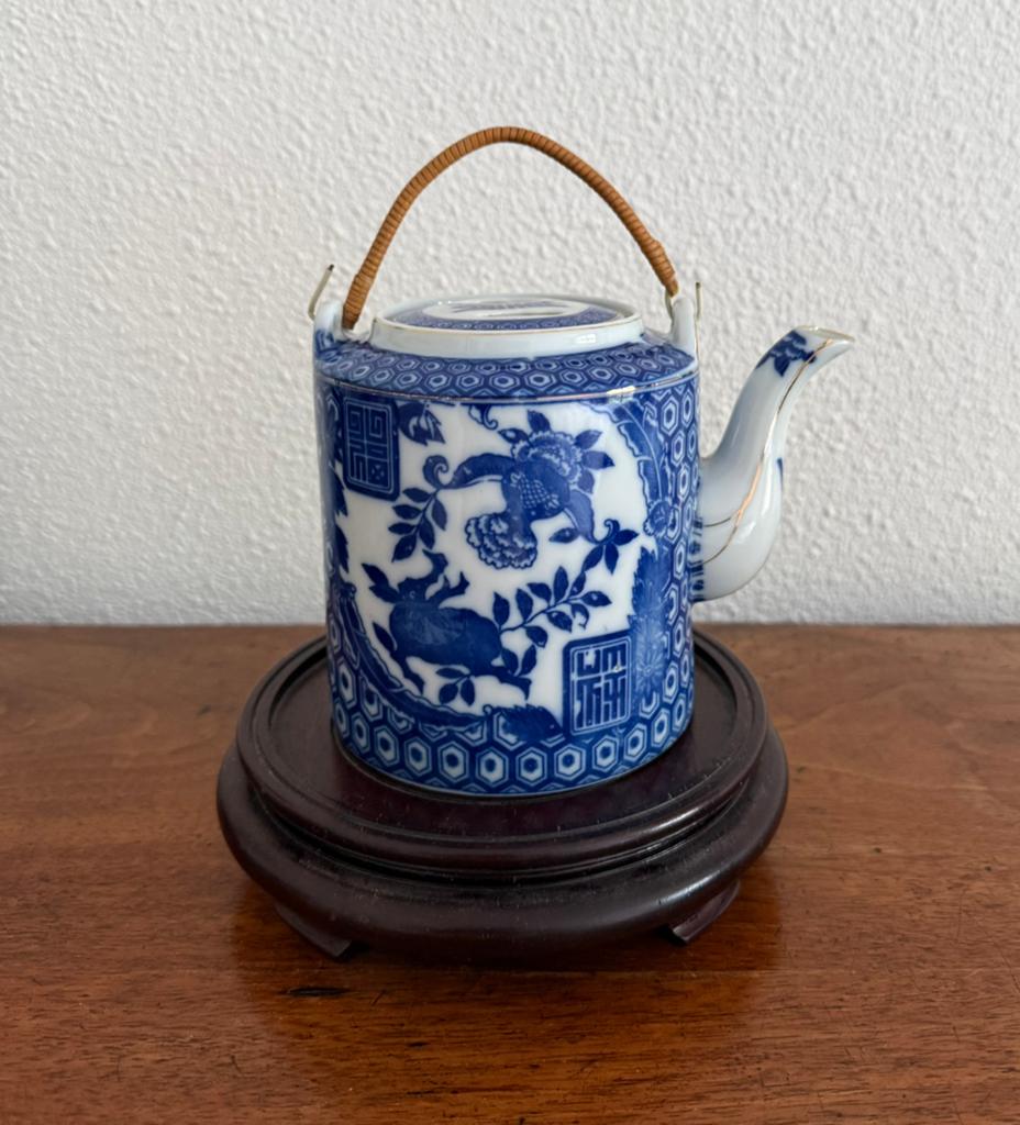 Antieke Chinese theepot, blauw-wit porselein met bamboe heng, Verzenden