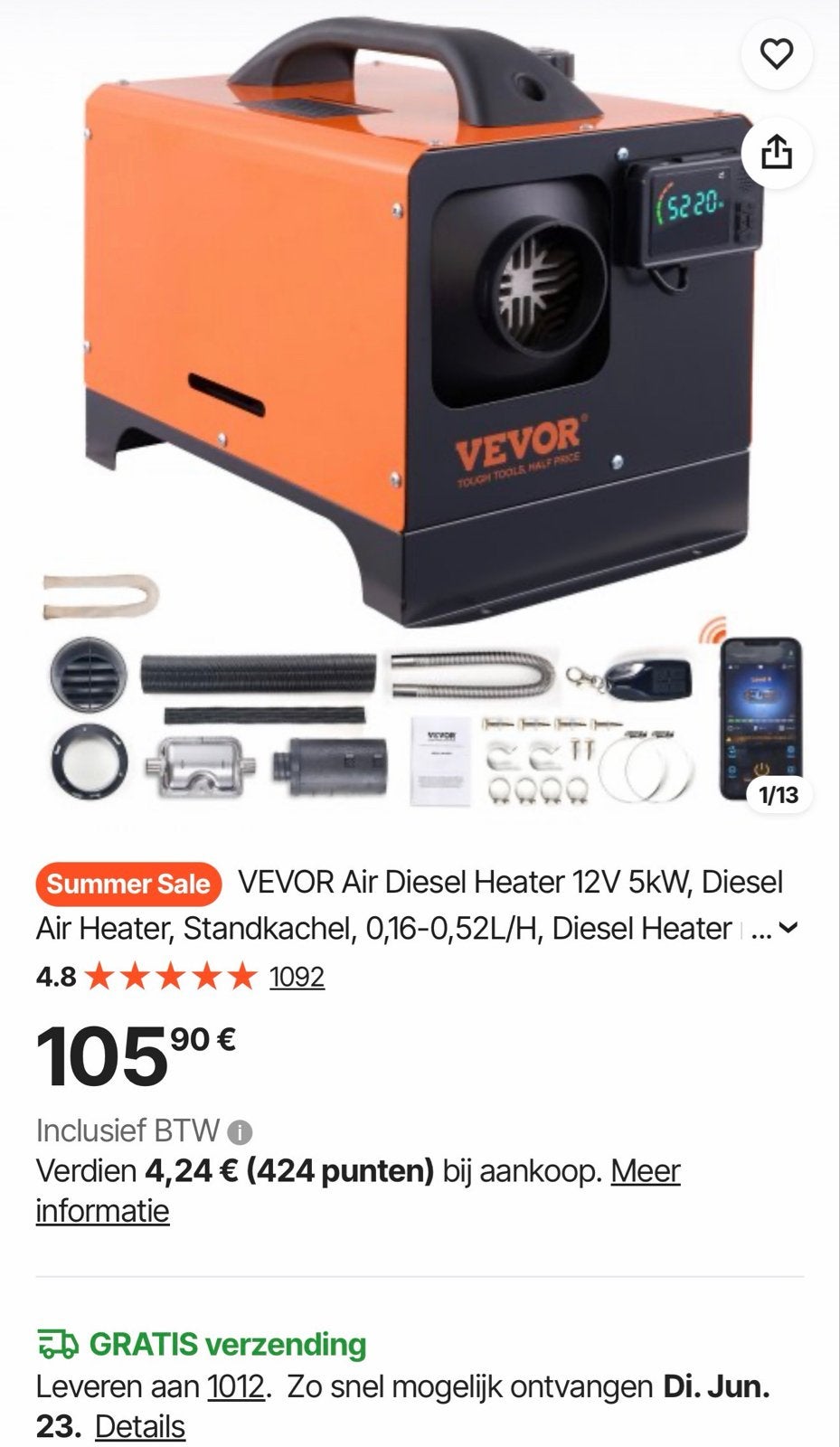 VEVOR Diesel Luchtverwarmer 12V 5kW met Afstandsbediening &, Ophalen of Verzenden, Nieuw
