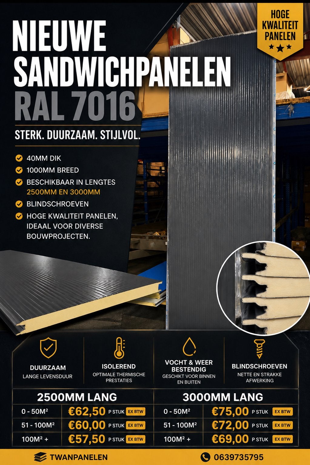 Nieuwe Sandwichpanelen RAL 7016 - 40mm dik
