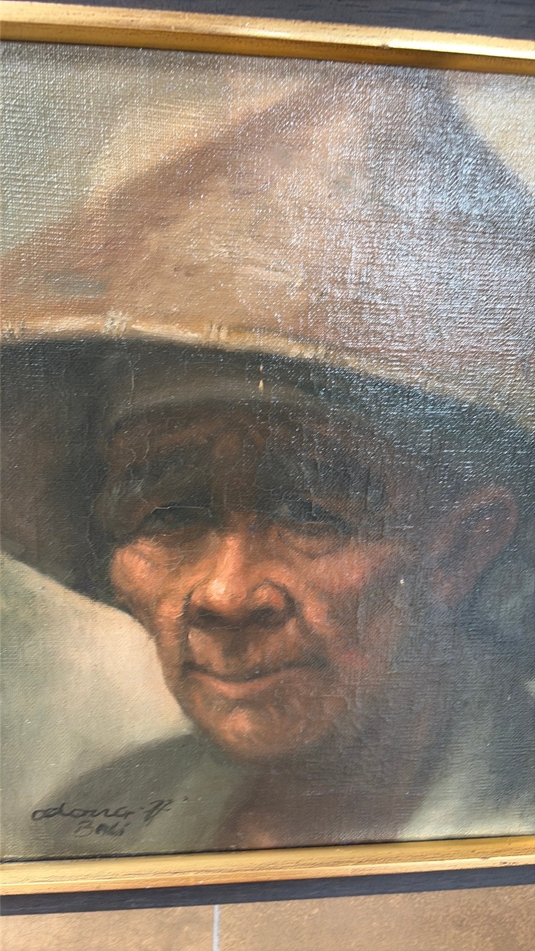 Schilderij Odong Junaidi (1977) van oude man Bali, Gesigneerd, Doek, Portret of Personen, Realistisch
